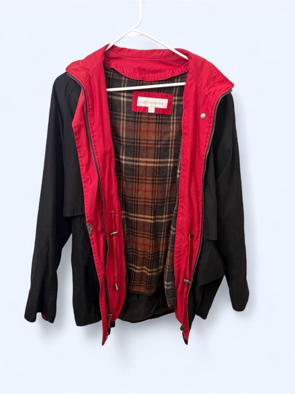 Liz Claiborne Black Jacket with Red Hood and Plaid Lining